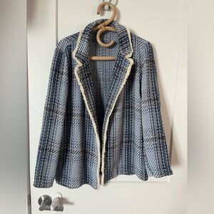 EUC Tweed textured blue unlined blazer with cream colour fringe trim